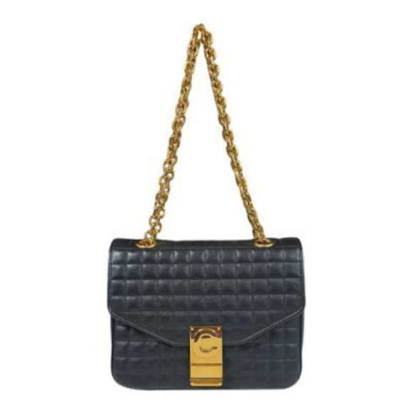 Celine Shoulder Bag Black Leather Double Chain - Picture 1 of 7